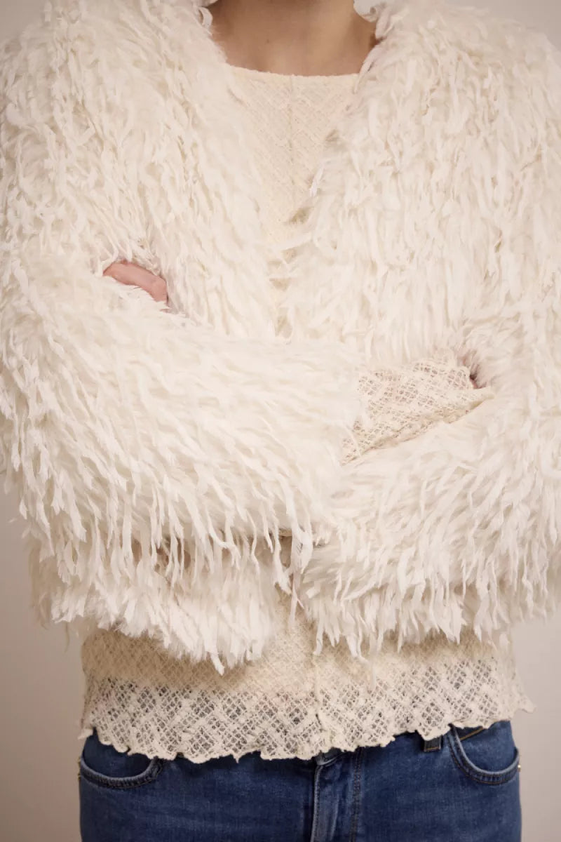 TRAMONTANA Faux Fur Feather Jacket - Ecru