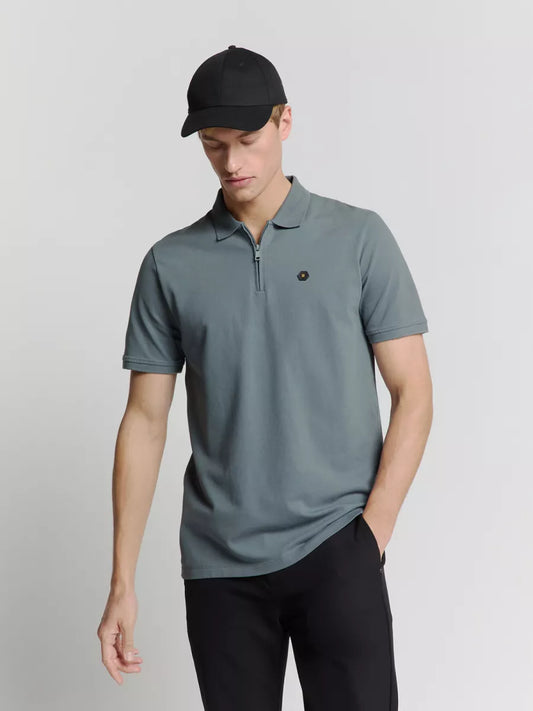 NO EXCESS Pique Zip Polo - Washed Blue