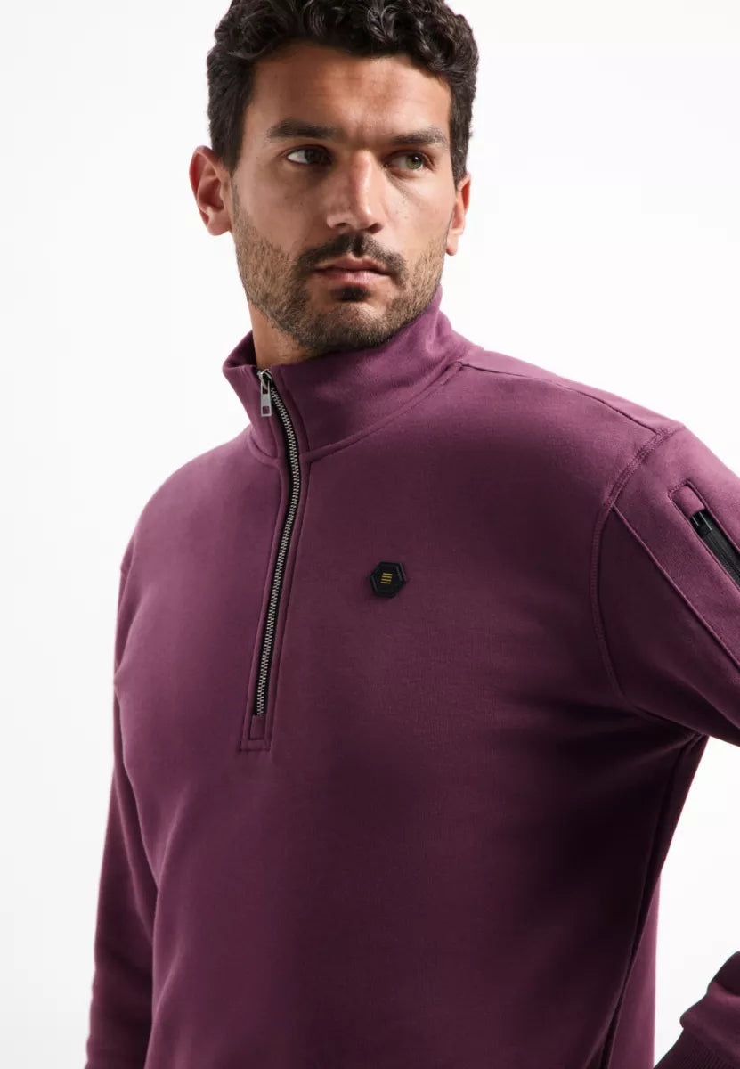 NO EXCESS Sweater Half Zip Brushed - Dark Wine