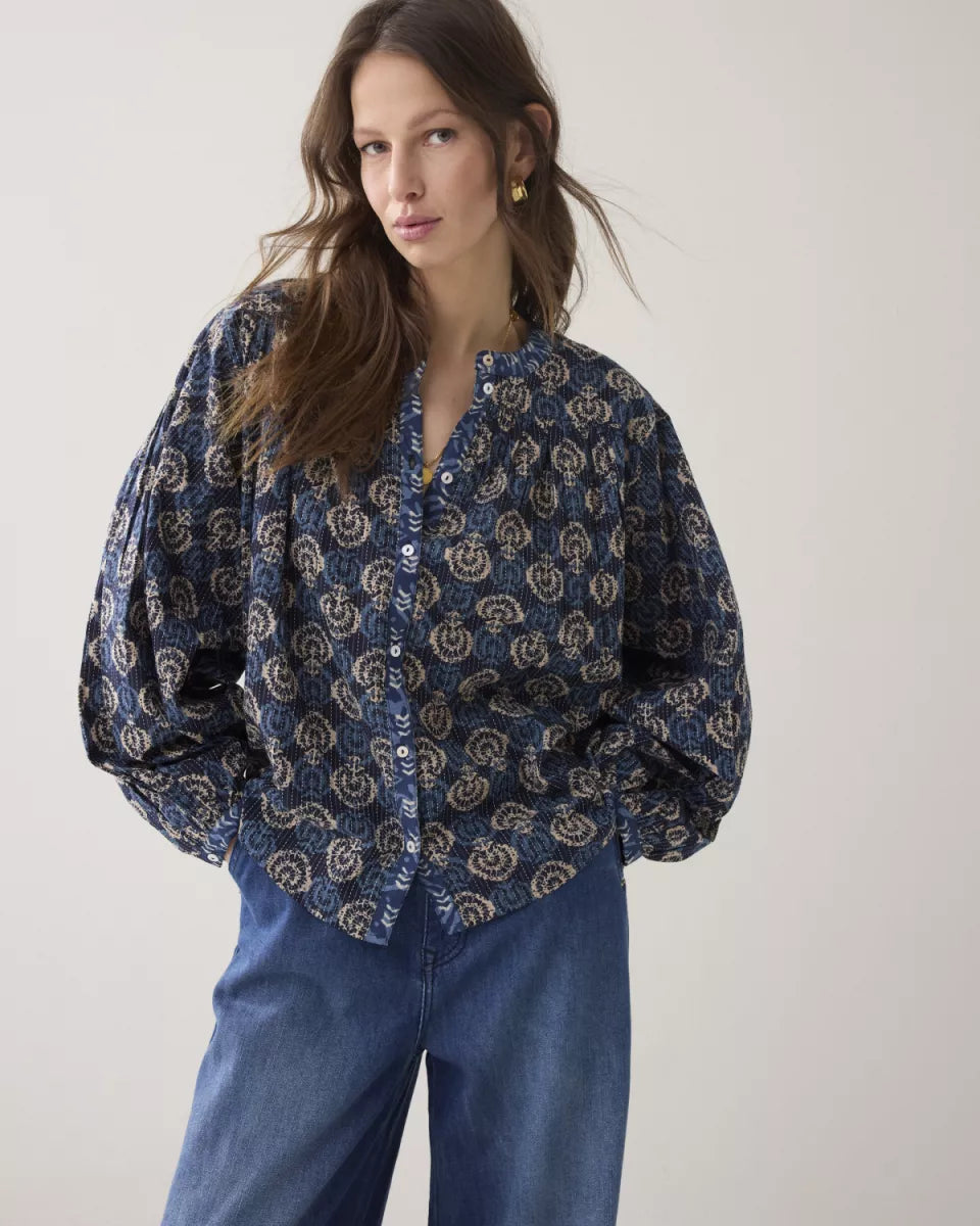SUMMUM Blouse Blue Blockprint