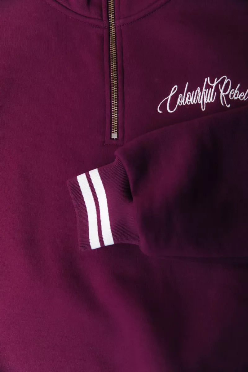 COLORFUL REBEL Striped Cuff Zip Sweat - Merlot