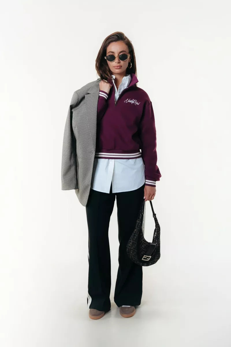 COLORFUL REBEL Striped Cuff Zip Sweat - Merlot