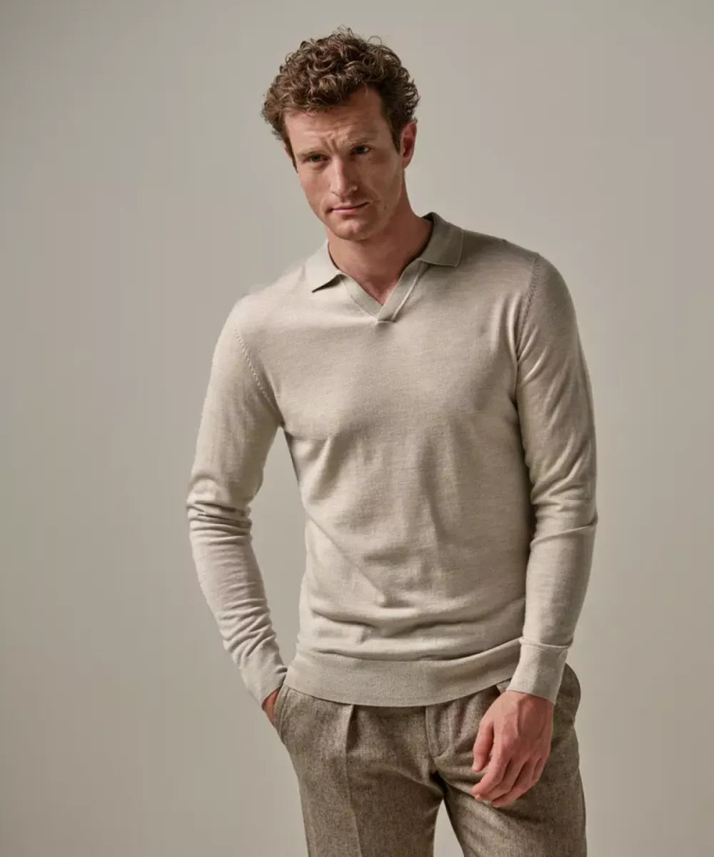 PROFUOMO Merino Open Kraag Polo - Beige