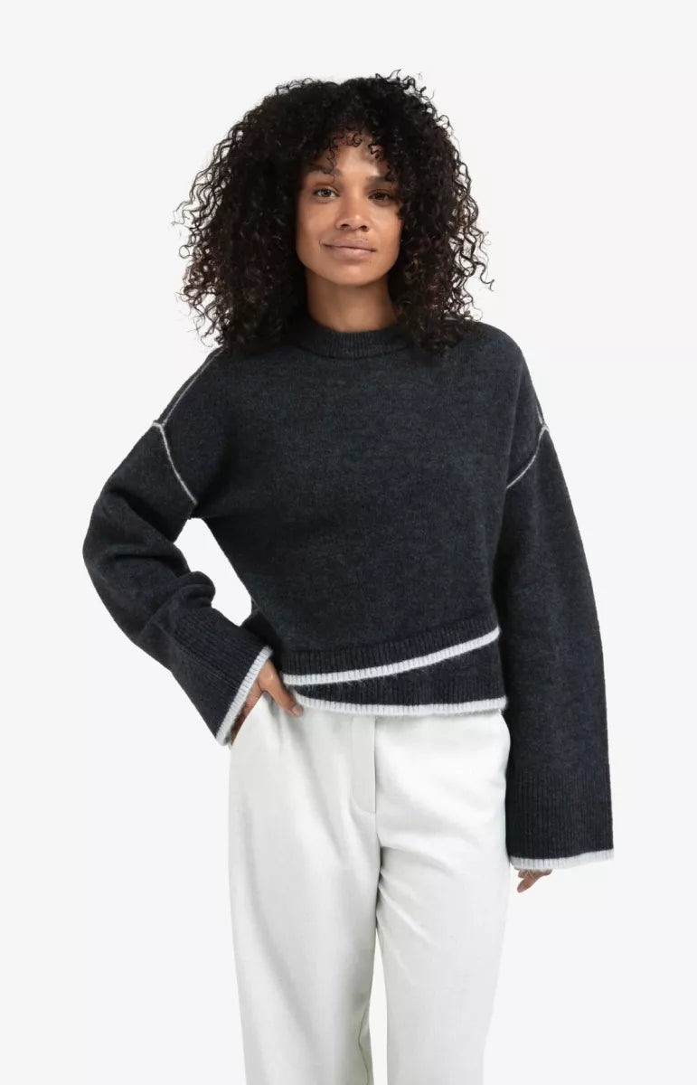 YAYA Contrast Lines Sweater - Blue Melange