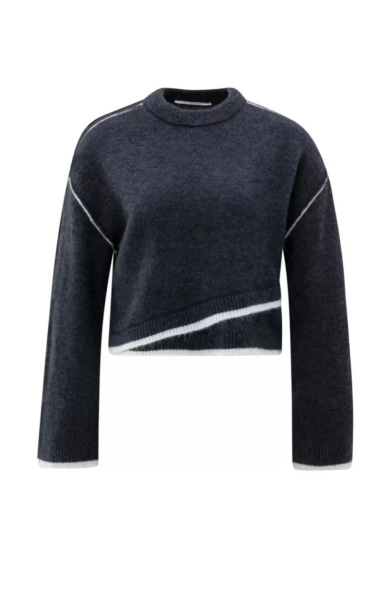 YAYA Contrast Lines Sweater - Blue Melange