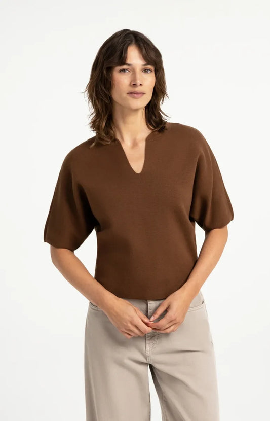 YAYA Gebreide Bomberkraag Top - Bison Brown