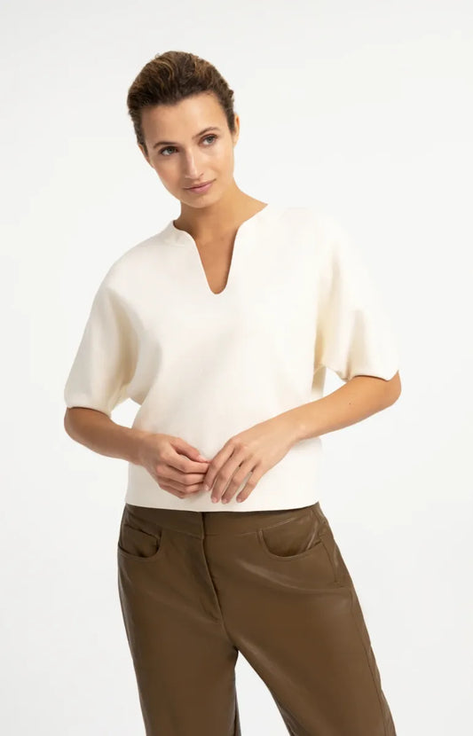 YAYA Gebreide Bomberkraag Top - Off White