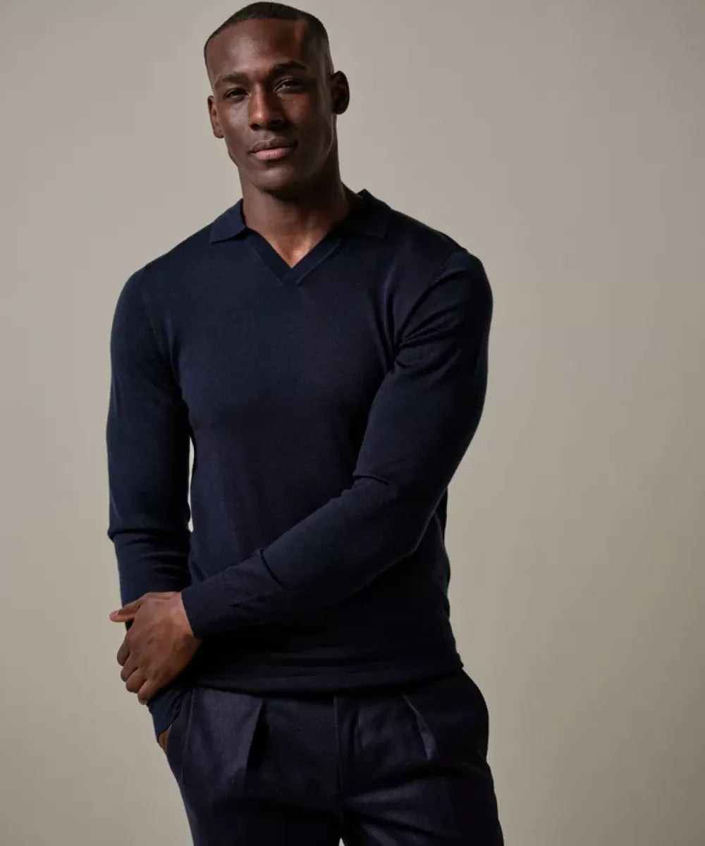 PROFUOMO Merino Open Kraag Polo - Navy