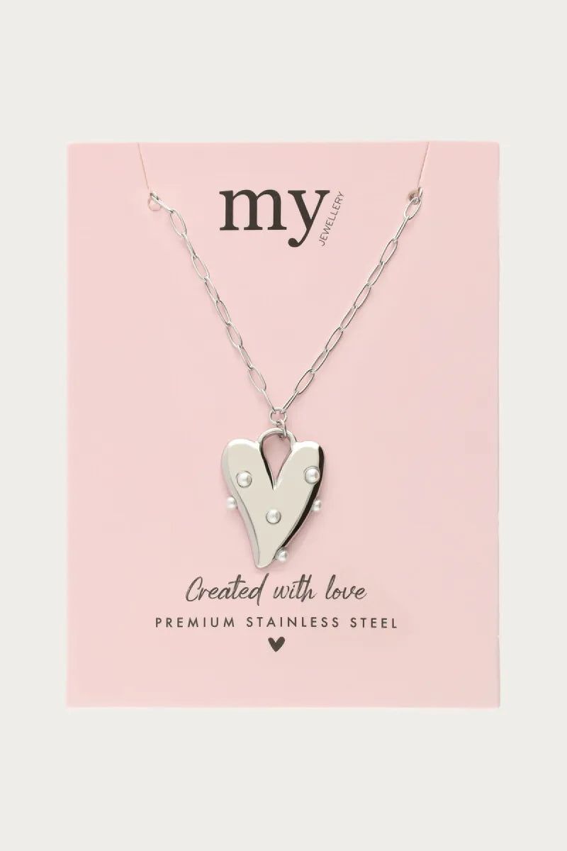 MY JEWELLERY Ketting Groot Hart & Imitatieparels - Zilver