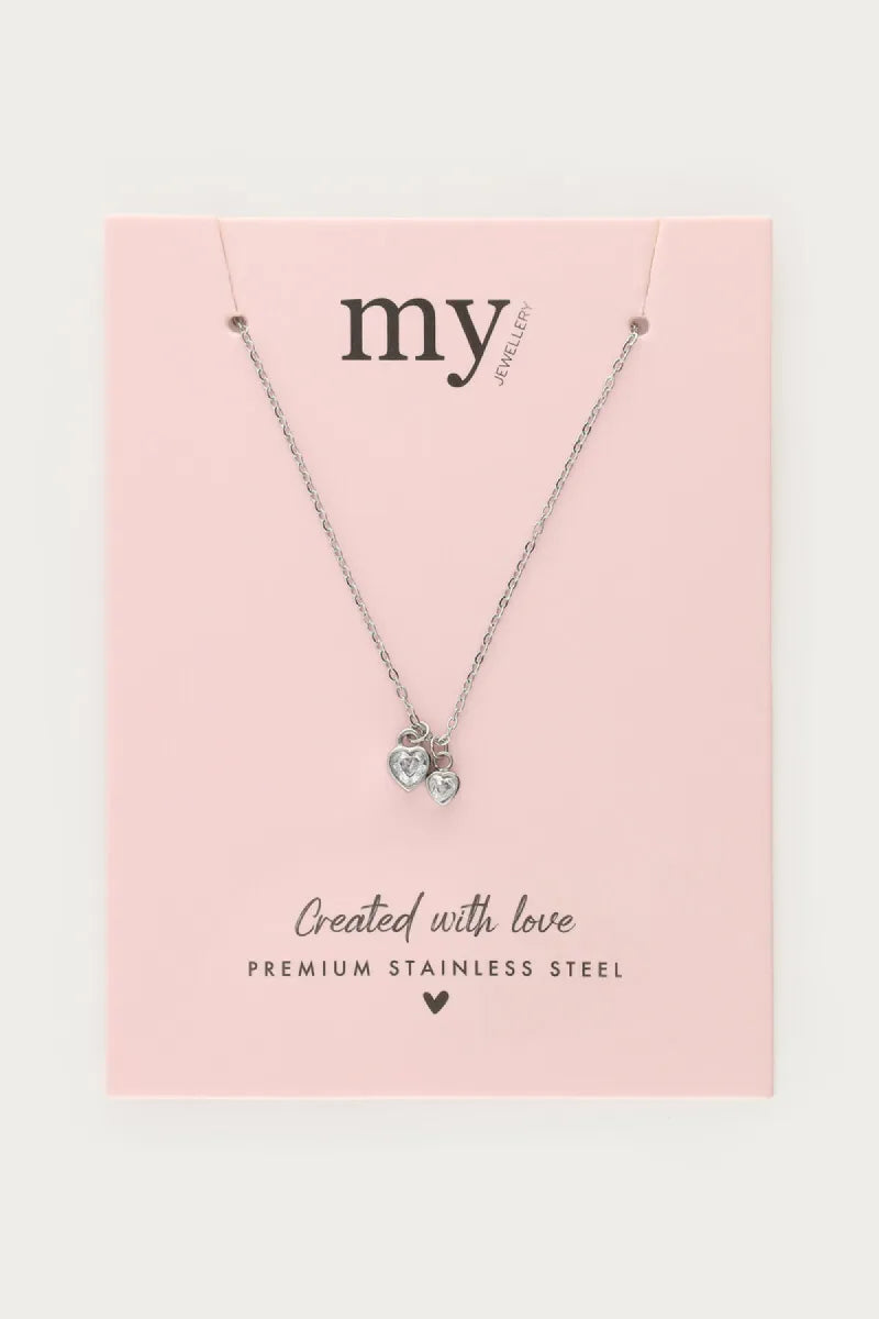MY JEWELLERY Ketting Twee Strass Hartjes - Zilver